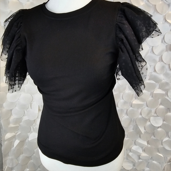 BLACK MESH RUFFLE SLEEVE KNIT TOP - Picture 3 of 4